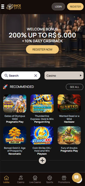 Dicespin Casino Mobile Homescreen