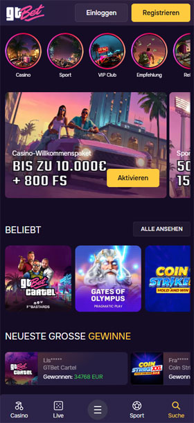 GTBet Casino Mobil App Homescreen
