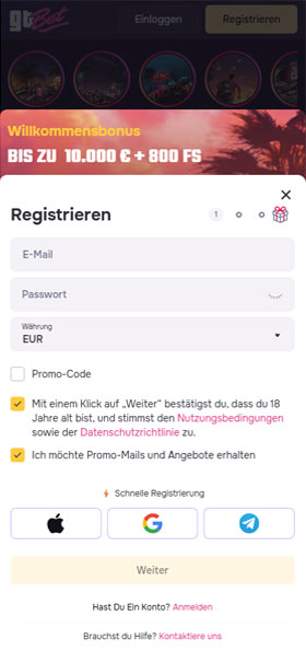 GTBet Casino Mobil App Registrierung