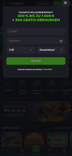 Neospin Casino Mobil Registrierung
