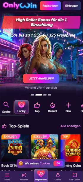 OnlyWin Mobil App Homescreen