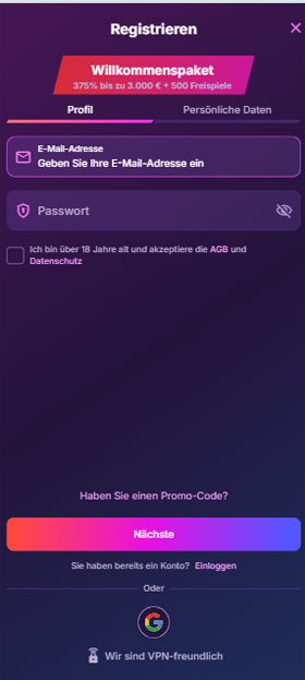 OnlyWin Mobil App Registrierung