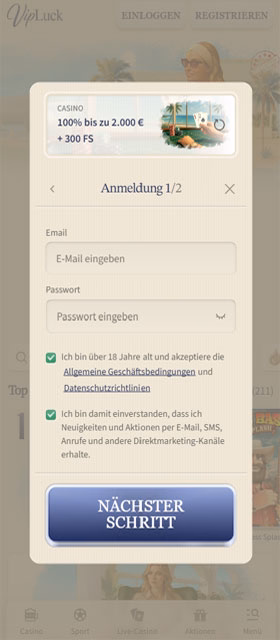 VIPLuck Casino Mobil App Registrierung